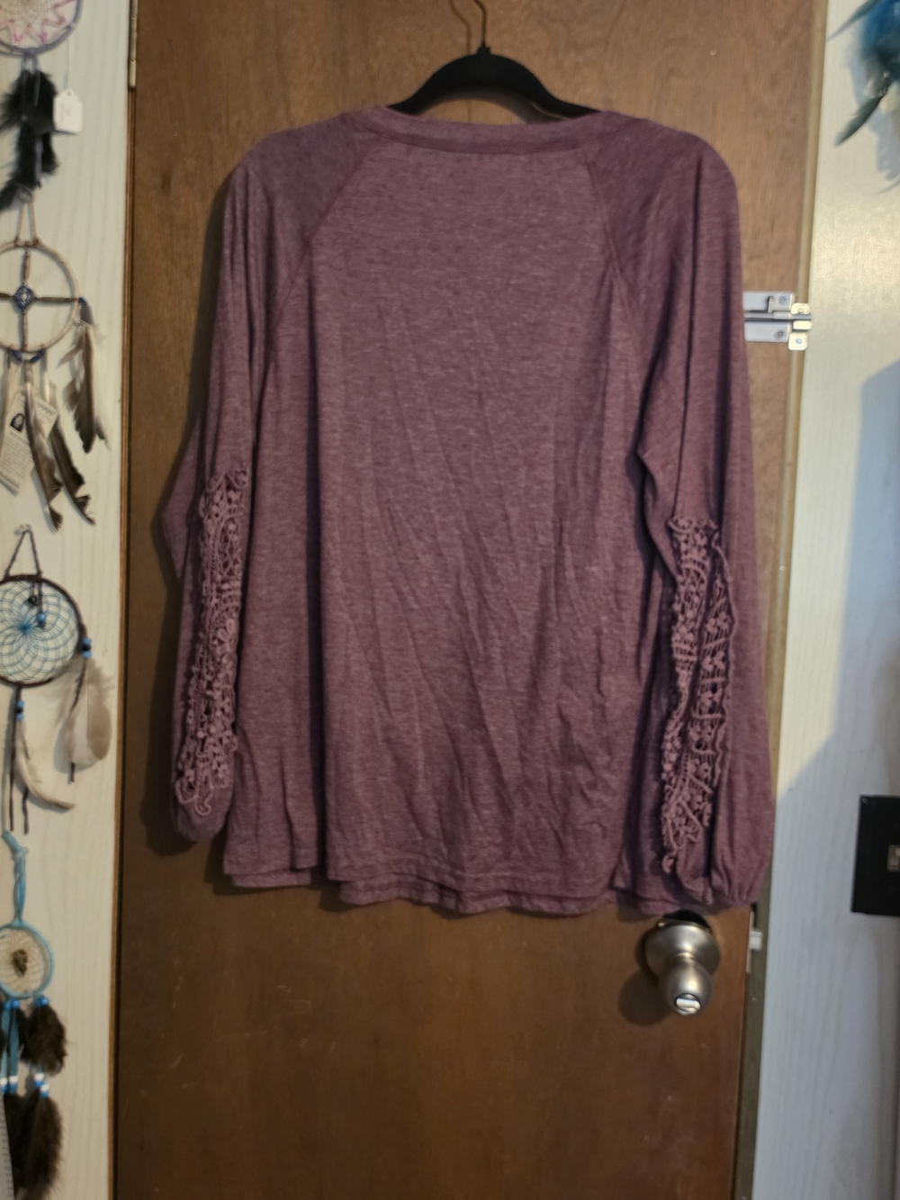 BloomChic Dusy Pink V-Neck Long Sleeve Top with Crocet Lace Accent - Picture 4 of 4